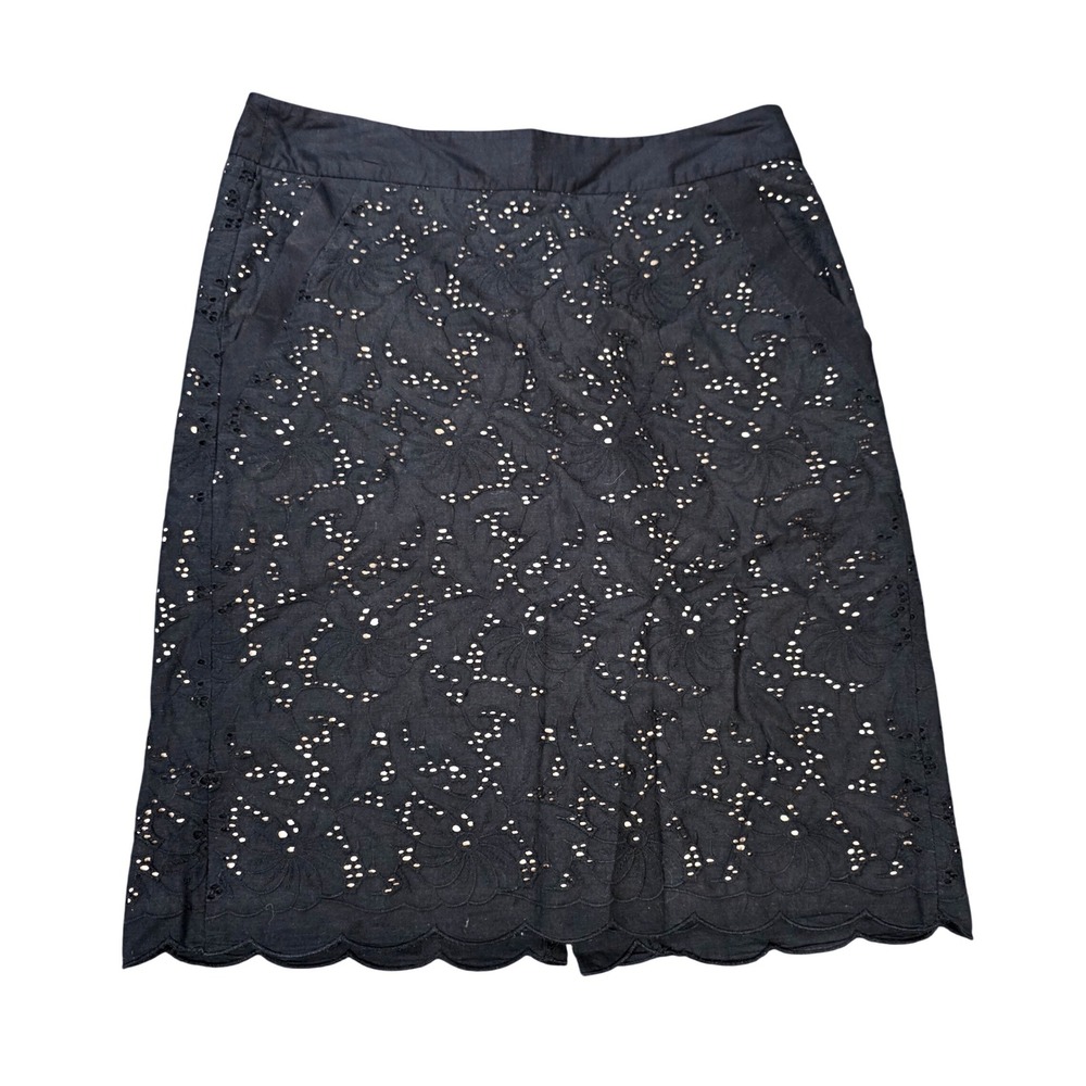 Ann Taylor‎ LOFT Eyelet Cotton Pencil Skirt Women's Size 0 Black Scalloped Hem